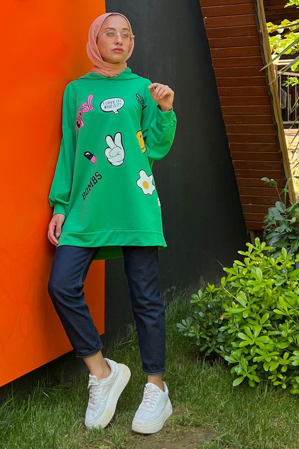 Düz Orta Kadın Yeşil Kapsonlu Sweat - 21235 YEŞİL