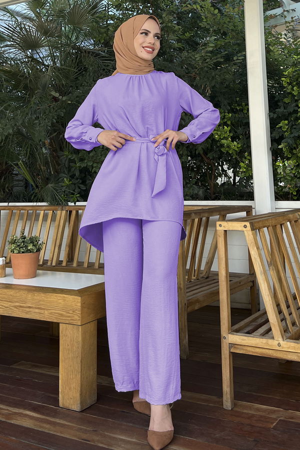 Düz Bisiklet Yaka Kadın Lila Tunik Pantolon - 10527 LİLA
