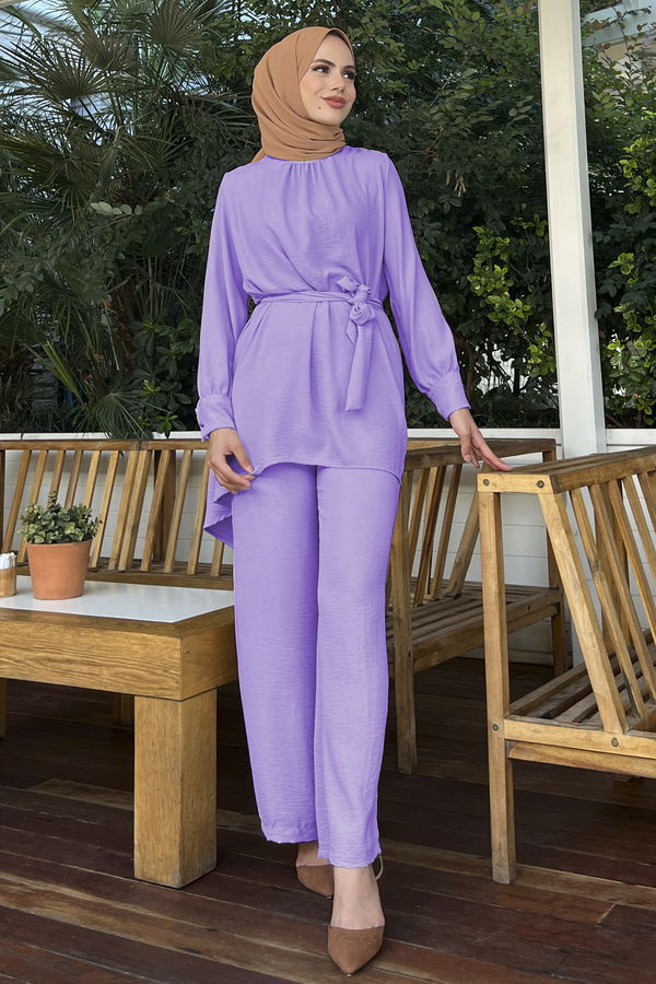 Düz Bisiklet Yaka Kadın Lila Tunik Pantolon - 10527 LİLA