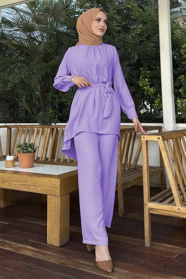 Düz Bisiklet Yaka Kadın Lila Tunik Pantolon - 10527 LİLA