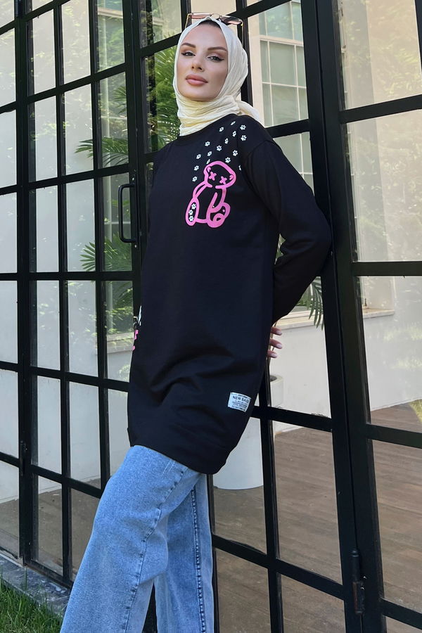 Düz Orta Kadın Siyah Baskılı Sweat - 21233