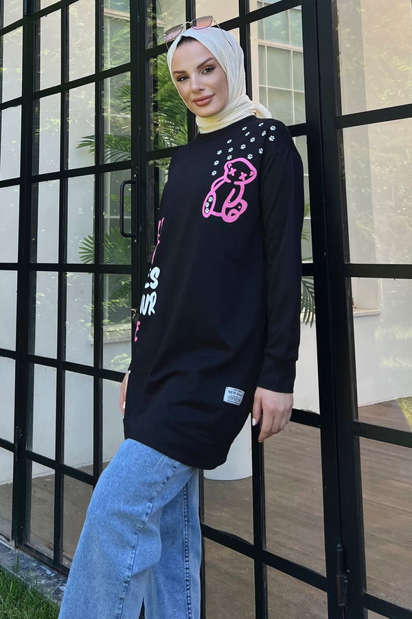 Düz Orta Kadın Siyah Baskılı Sweat - 21233