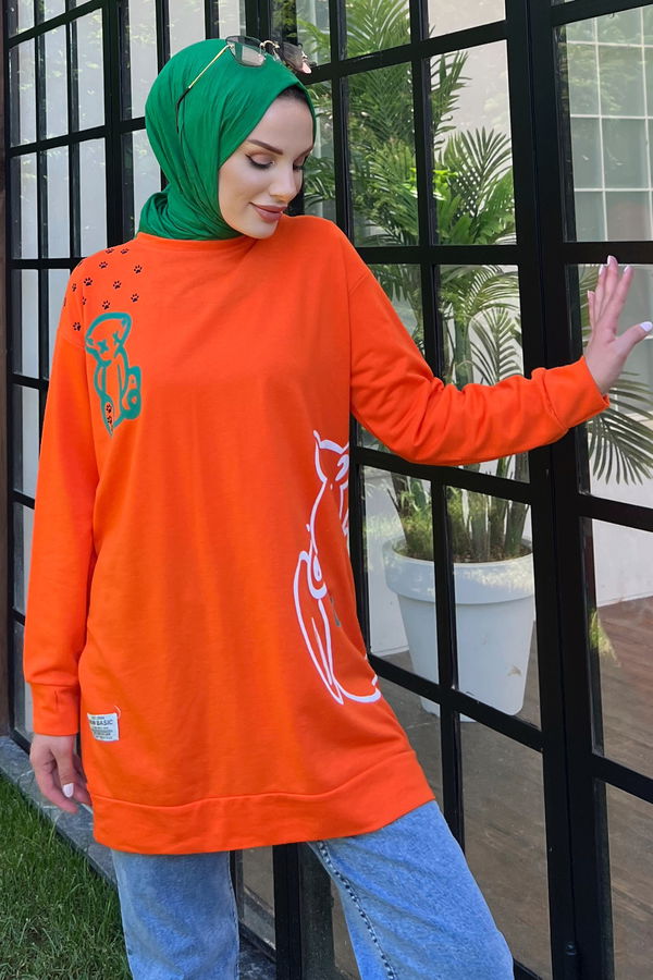 Düz Orta Kadın Turuncu Baskılı Sweat - 21233 TURUNCU