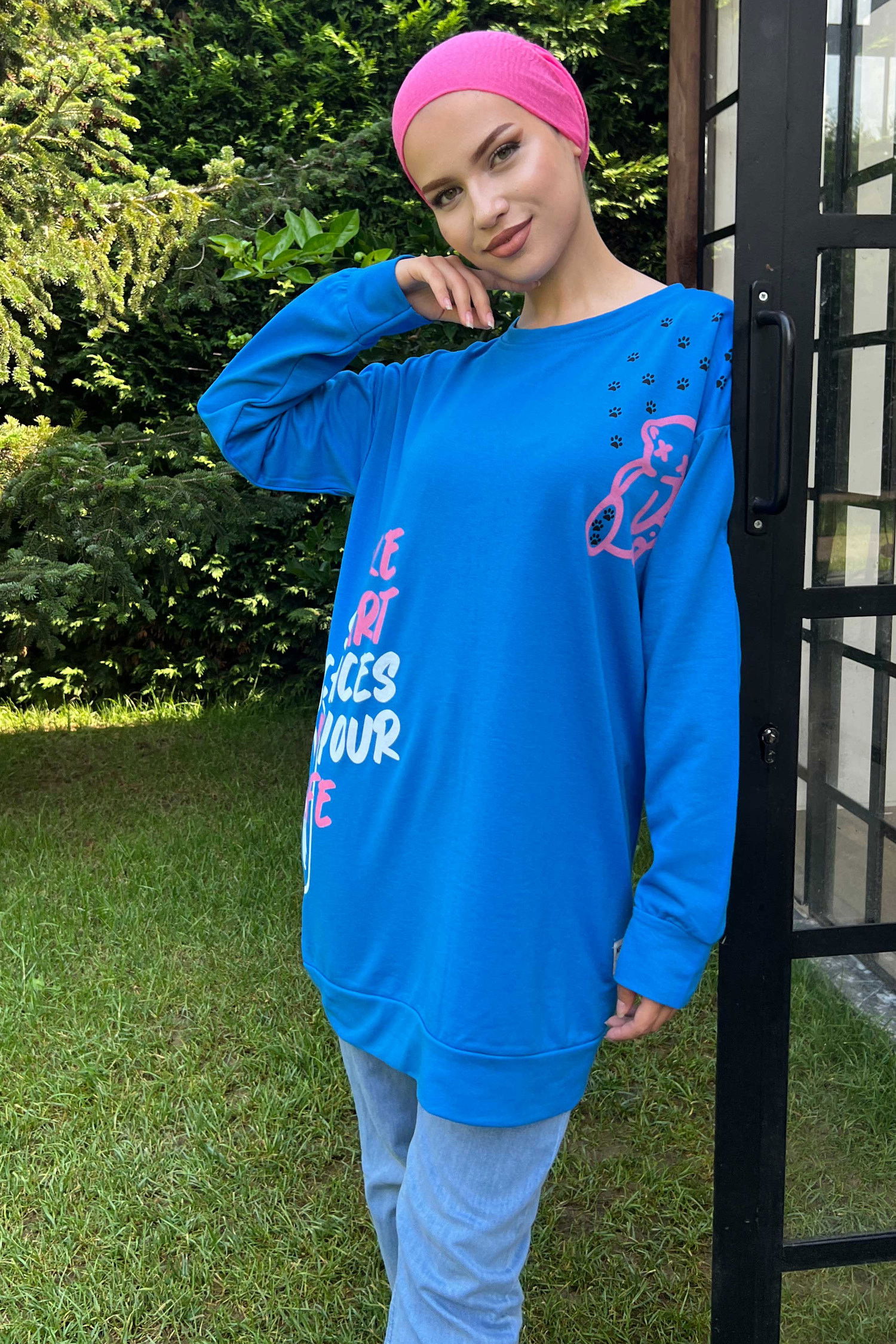 Düz Orta Kadın Mavi Baskılı Sweat - 21233 MAVİ