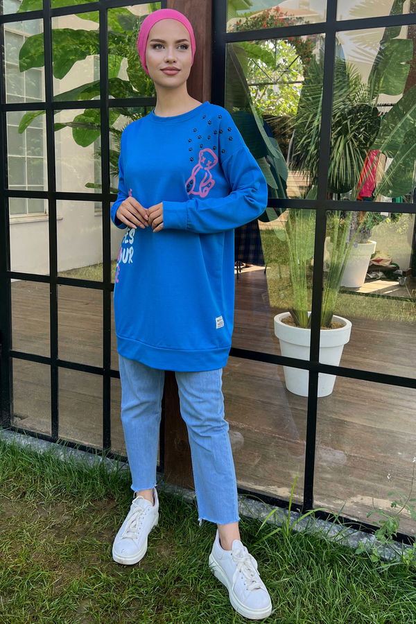 Düz Orta Kadın Mavi Baskılı Sweat - 21233 MAVİ