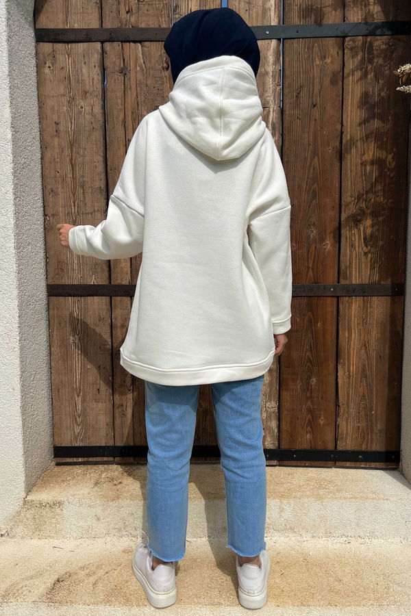 Düz Orta Kadın Beyaz Kapsonlu Sweat - 21333
