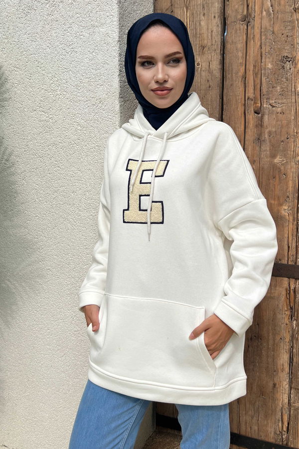 Düz Orta Kadın Beyaz Kapsonlu Sweat - 21333