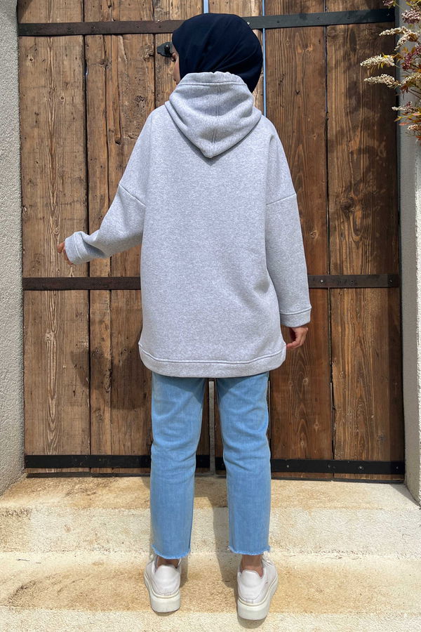 Düz Orta Kadın Gri Kapsonlu Sweat - 21333 GRİ