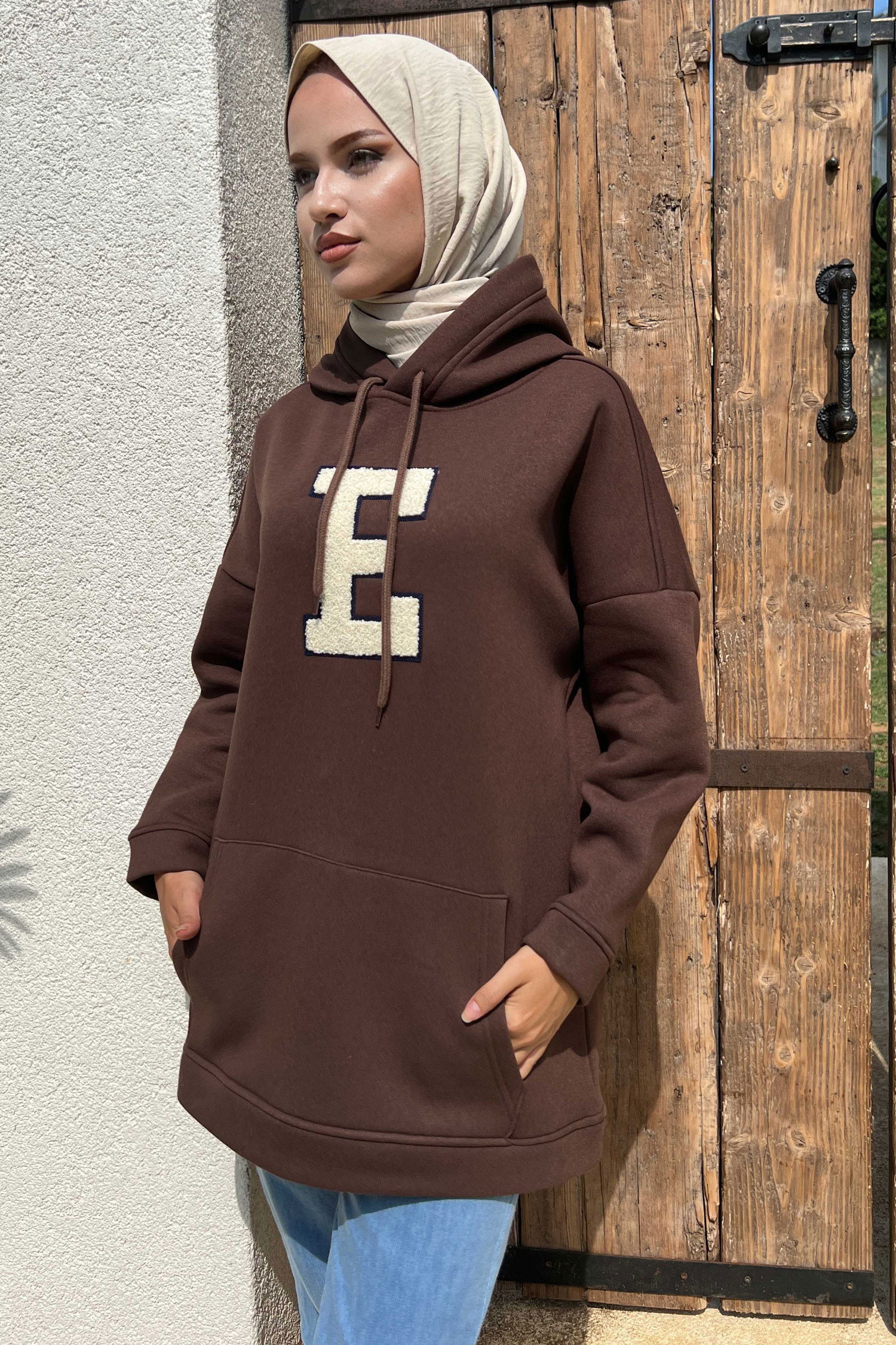 Düz Orta Kadın Kahverengi Kapsonlu Sweat - 21333 KAHVERENGİ