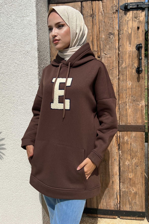 Düz Orta Kadın Kahverengi Kapsonlu Sweat - 21333 KAHVERENGİ