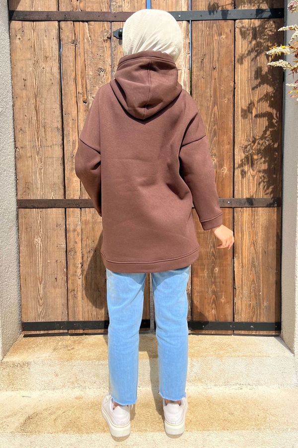 Düz Orta Kadın Kahverengi Kapsonlu Sweat - 21333 KAHVERENGİ