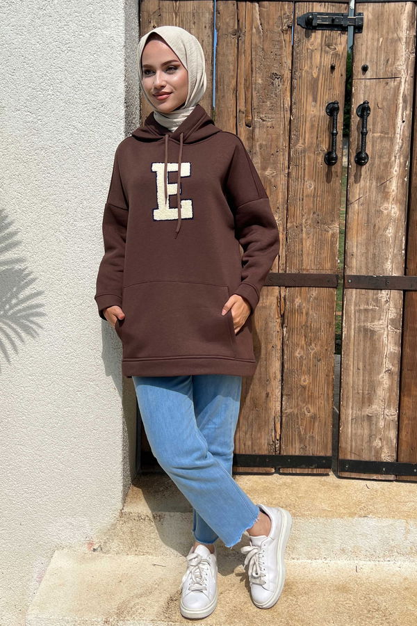 Düz Orta Kadın Kahverengi Kapsonlu Sweat - 21333 KAHVERENGİ