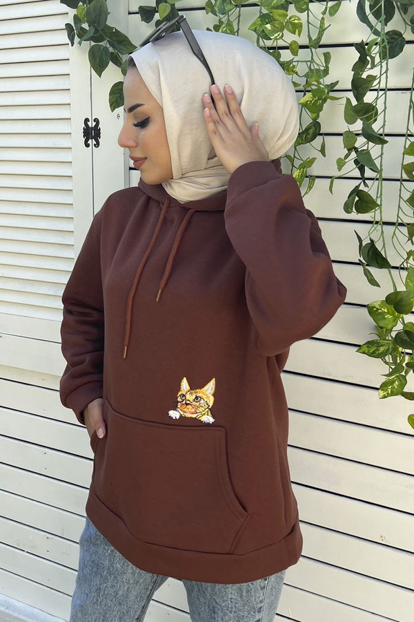 Düz Orta Kadın Kahverengi Kapsonlu Sweat - 21337