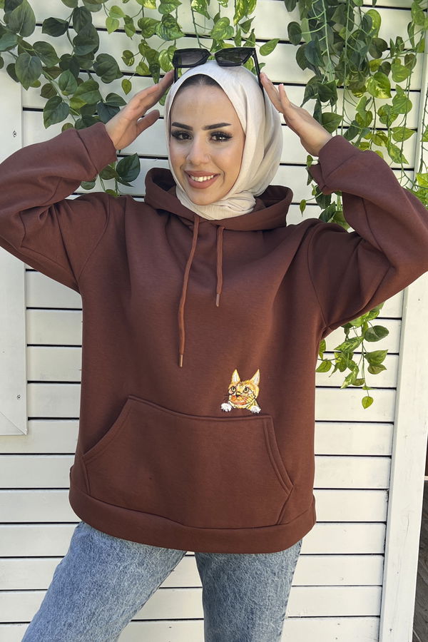 Düz Orta Kadın Kahverengi Kapsonlu Sweat - 21337