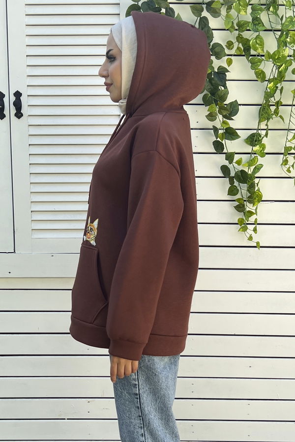 Düz Orta Kadın Kahverengi Kapsonlu Sweat - 21337