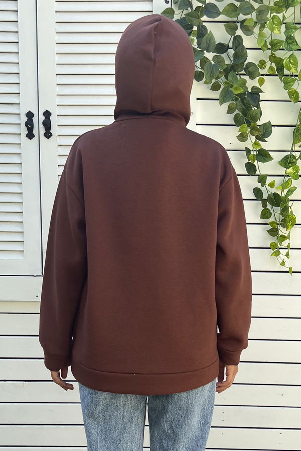 Düz Orta Kadın Kahverengi Kapsonlu Sweat - 21337