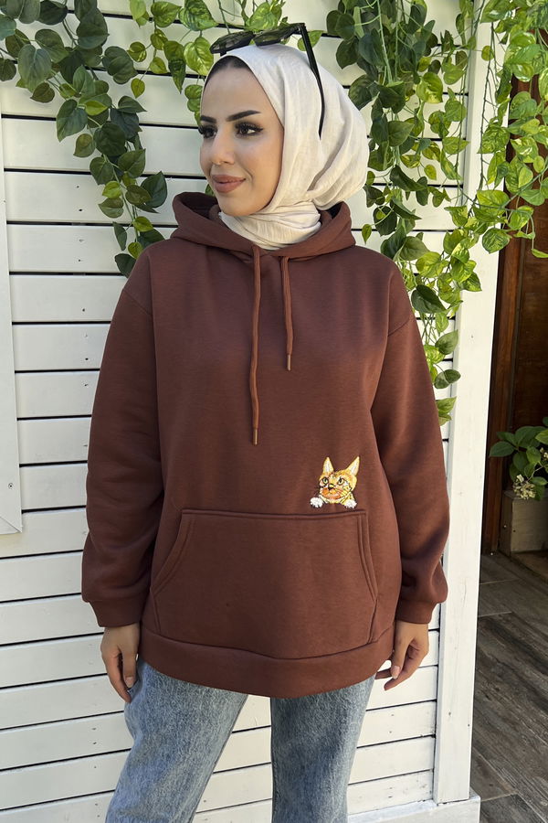 Düz Orta Kadın Kahverengi Kapsonlu Sweat - 21337