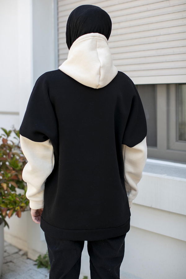 Düz Orta Kadın Siyah Kapsonlu Sweat - 21357