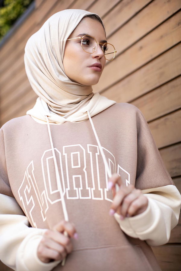 Düz Orta Kadın Vizon Kapsonlu Sweat - 21357