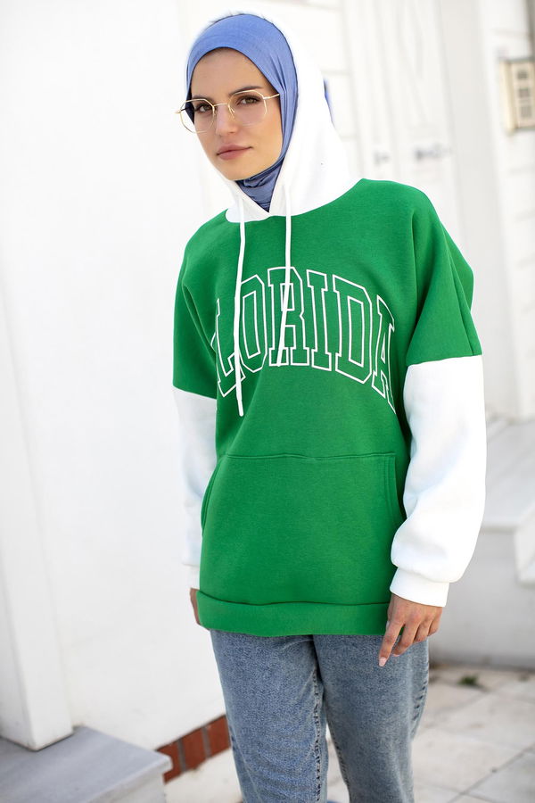 Düz Orta Kadın Yeşil Kapsonlu Sweat - 21357