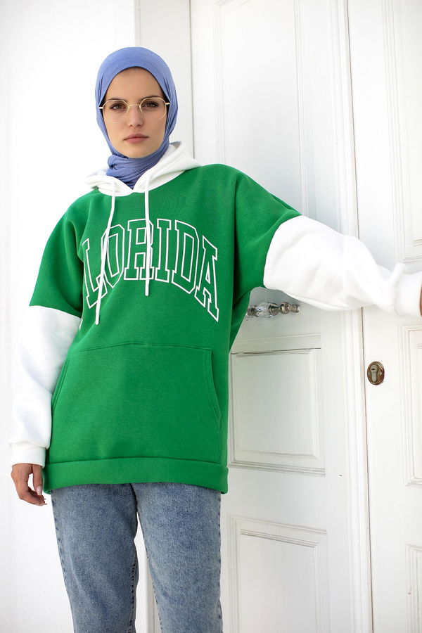 Düz Orta Kadın Yeşil Kapsonlu Sweat - 21357