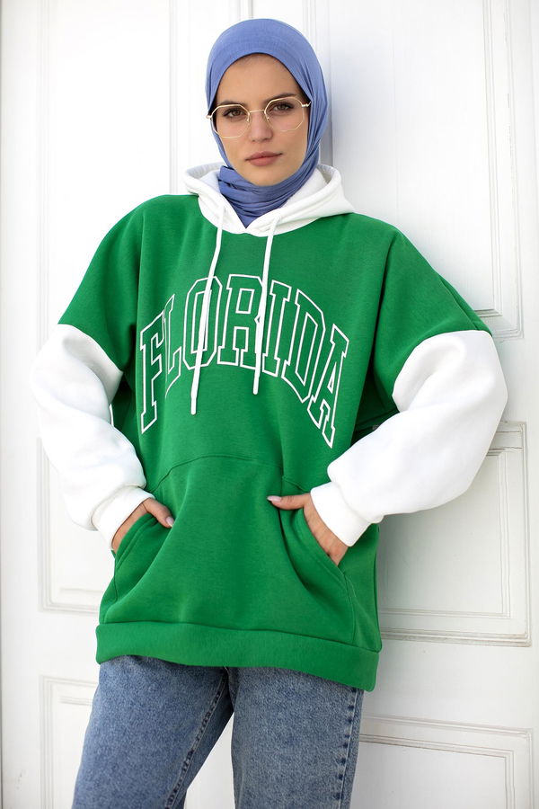 Düz Orta Kadın Yeşil Kapsonlu Sweat - 21357