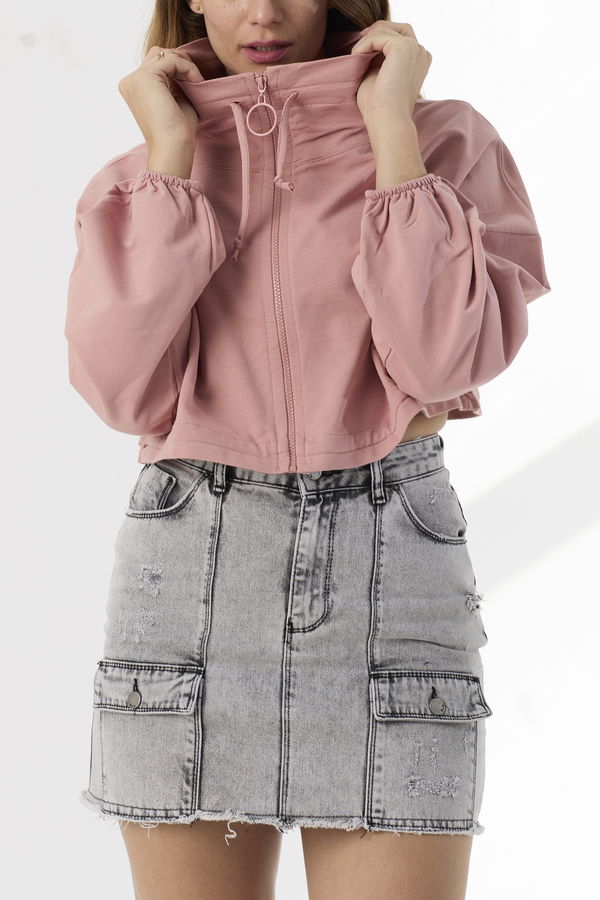 Düz Orta Kadın Pembe Fermuarlı Sweat - 21427