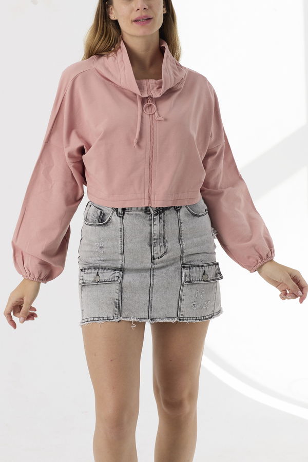 Düz Orta Kadın Pembe Fermuarlı Sweat - 21427