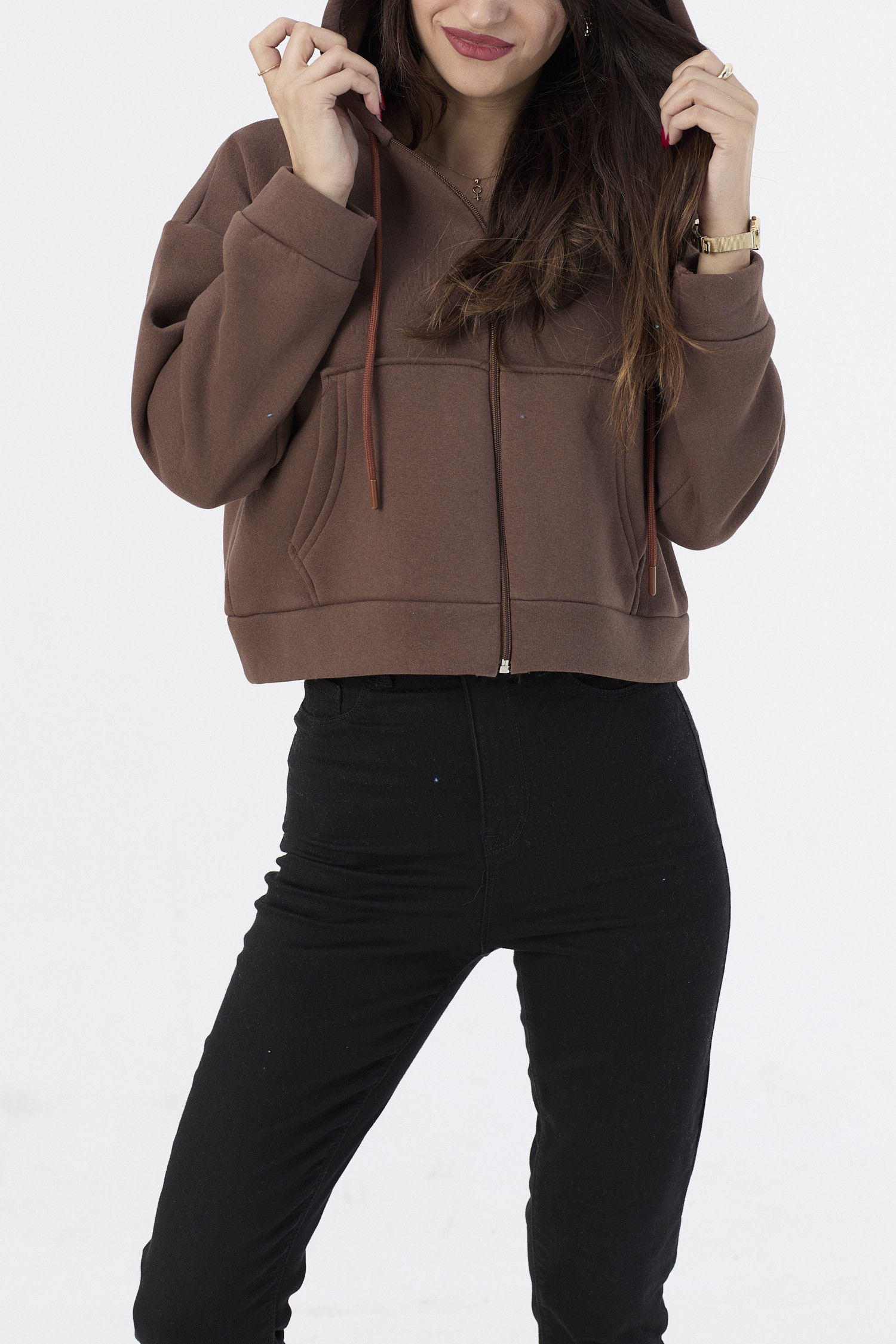 Düz Orta Kadın Kahverengi Fertmuarlı Sweat - 21469 KAHVERENGİ