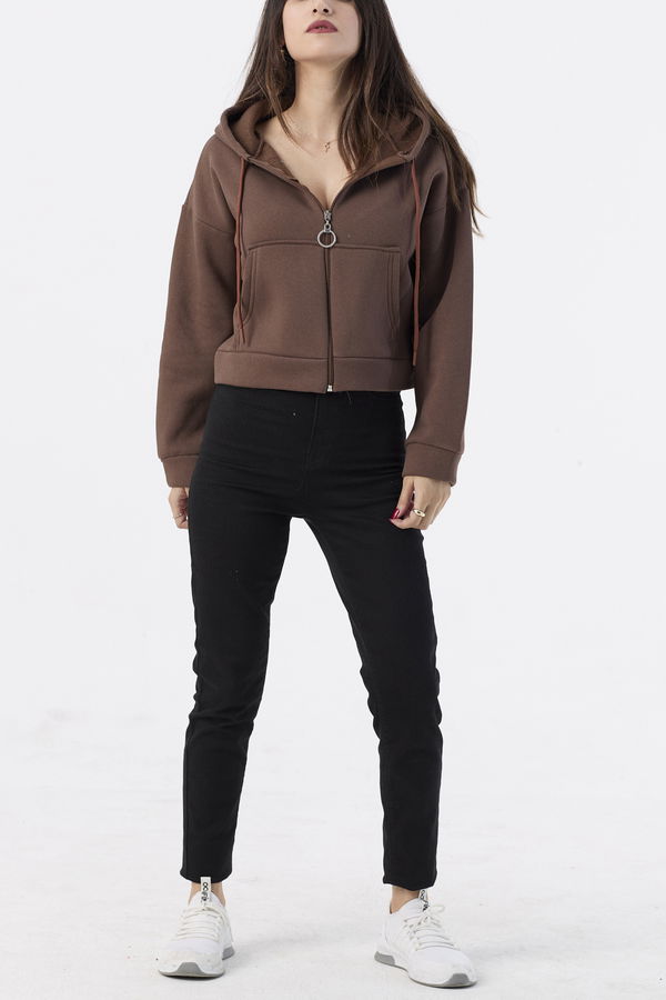 Düz Orta Kadın Kahverengi Fertmuarlı Sweat - 21469 KAHVERENGİ