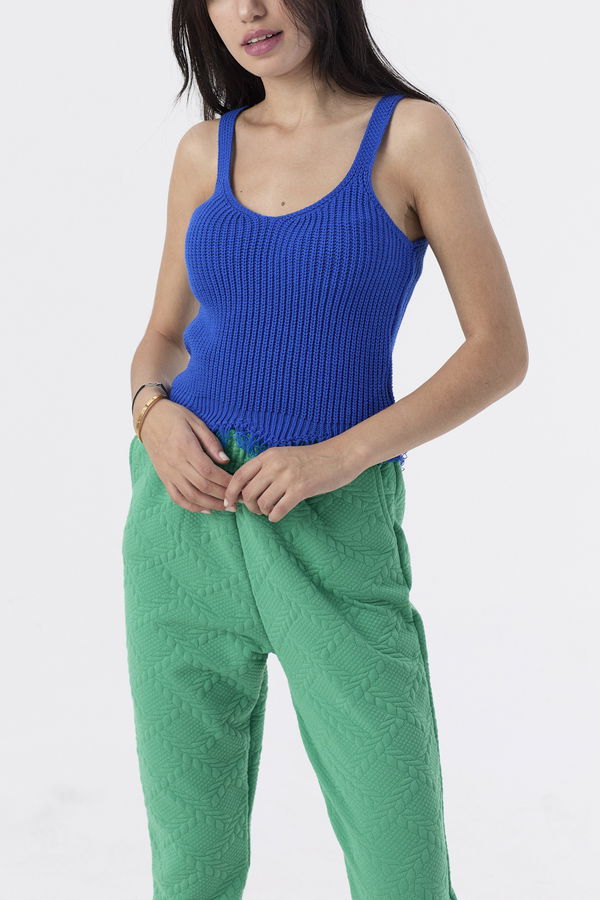 Düz Orta Kadın Mavi Triko Bluz - 21382