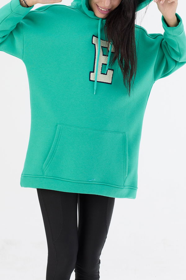Düz Orta Kadın Yeşil Kapsonlu Sweat - 21333 YEŞİL