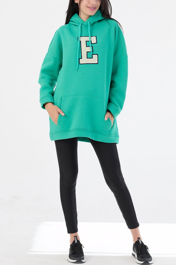 Düz Orta Kadın Yeşil Kapsonlu Sweat - 21333 YEŞİL