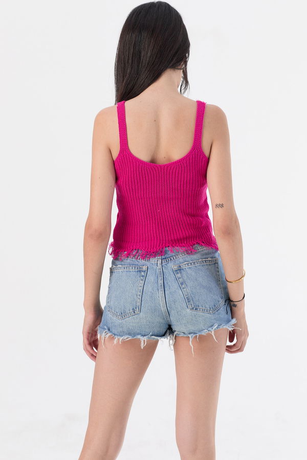 Düz Orta Kadın Fuşya Triko Bluz - 21382