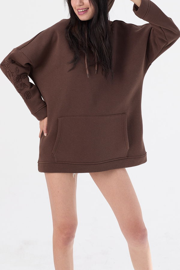 Düz Orta Kadın Kahverengi Kapsonlu Sweat - 21470 KAHVERENGİ