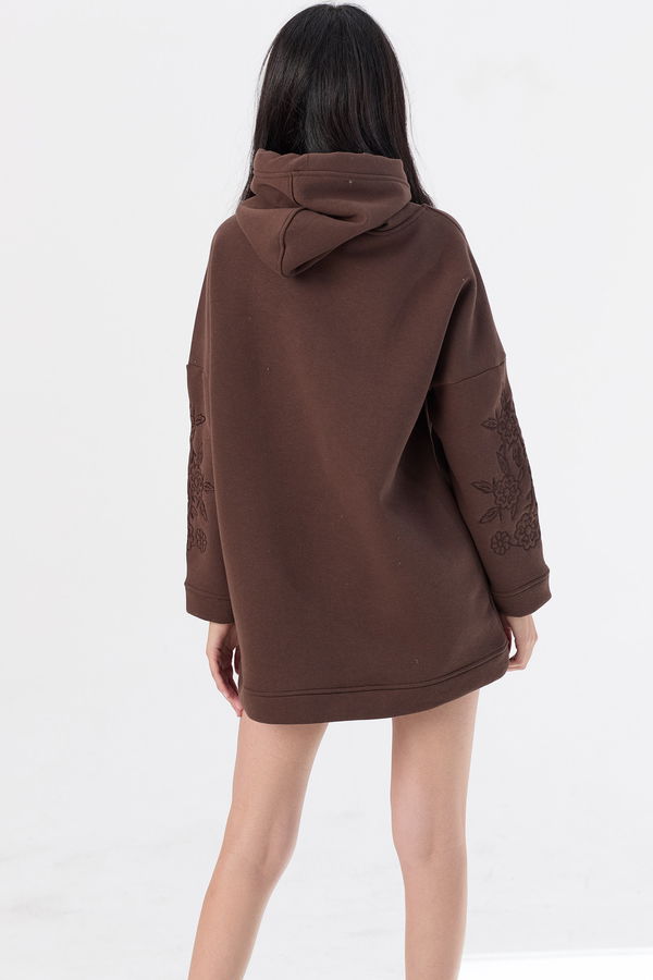 Düz Orta Kadın Kahverengi Kapsonlu Sweat - 21470 KAHVERENGİ