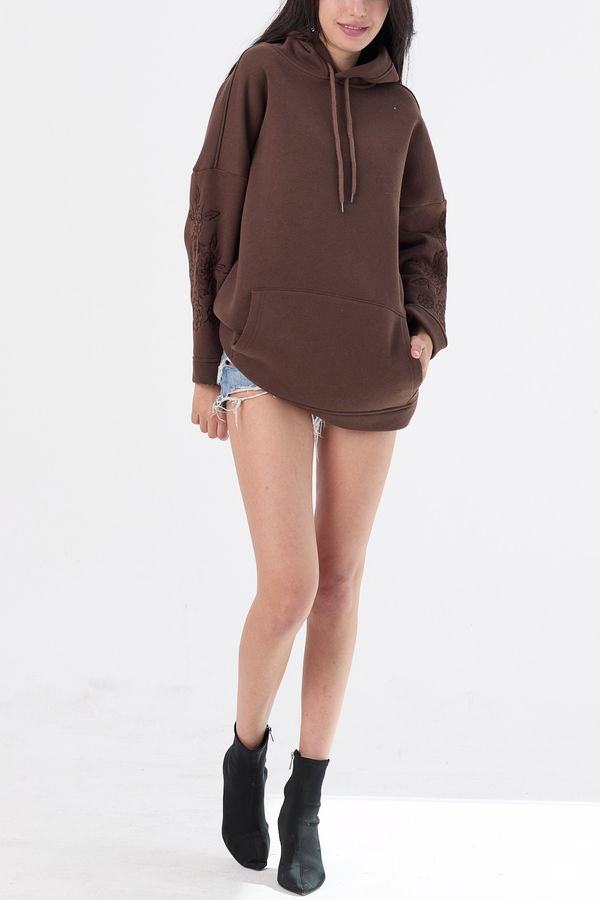 Düz Orta Kadın Kahverengi Kapsonlu Sweat - 21470 KAHVERENGİ
