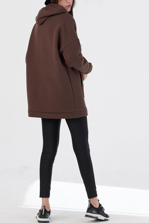 Düz Orta Kadın Kahverengi Kapsonlu Sweat - 21467 KAHVERENGİ