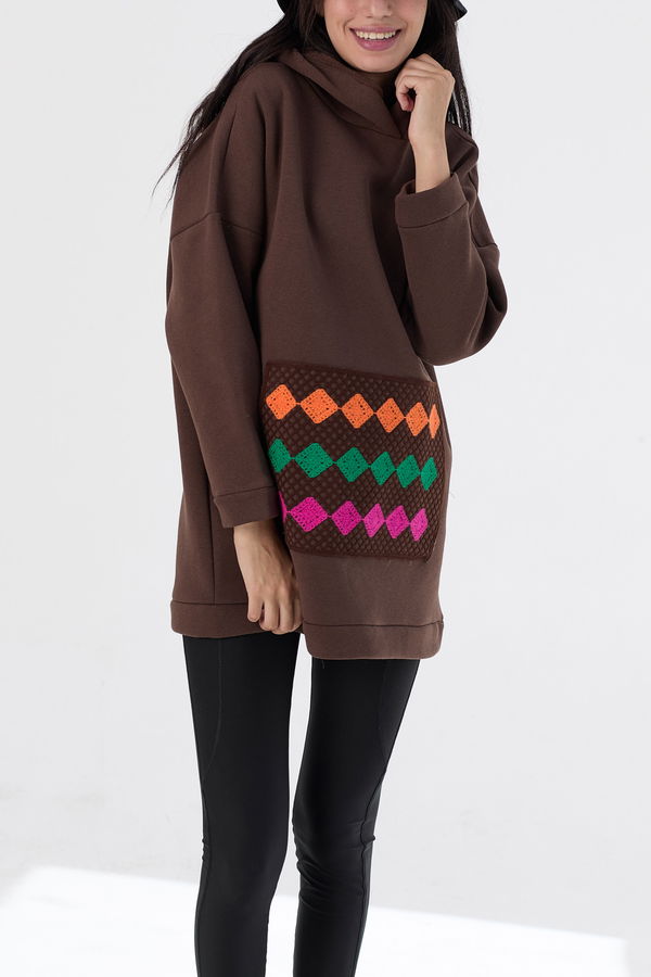 Düz Orta Kadın Kahverengi Kapsonlu Sweat - 21467 KAHVERENGİ