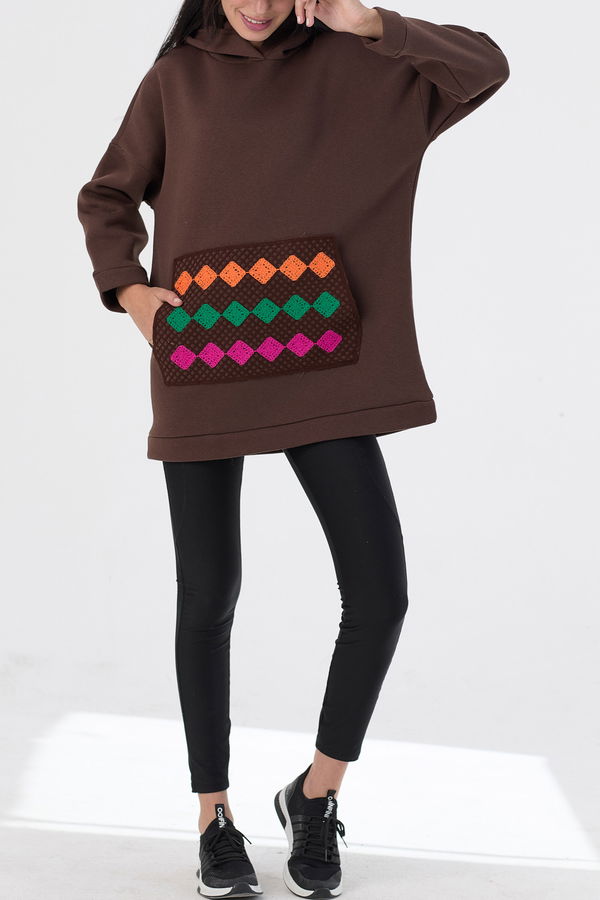 Düz Orta Kadın Kahverengi Kapsonlu Sweat - 21467 KAHVERENGİ