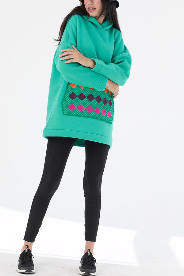 Düz Orta Kadın Yeşil Kapsonlu Sweat - 21467 YEŞİL