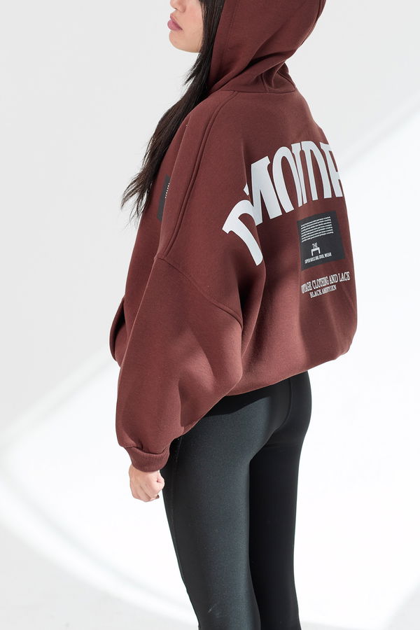 Düz Orta Kadın Kahverengi Kapsonlu Sweat - 21380 KAHVERENGİ