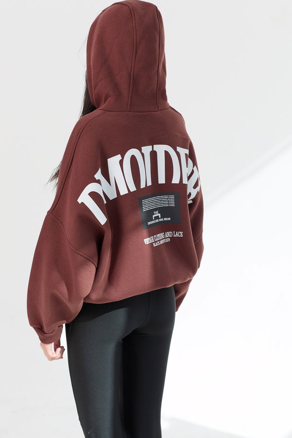 Düz Orta Kadın Kahverengi Kapsonlu Sweat - 21380 KAHVERENGİ