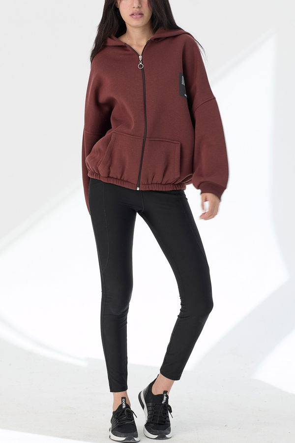 Düz Orta Kadın Kahverengi Kapsonlu Sweat - 21380 KAHVERENGİ