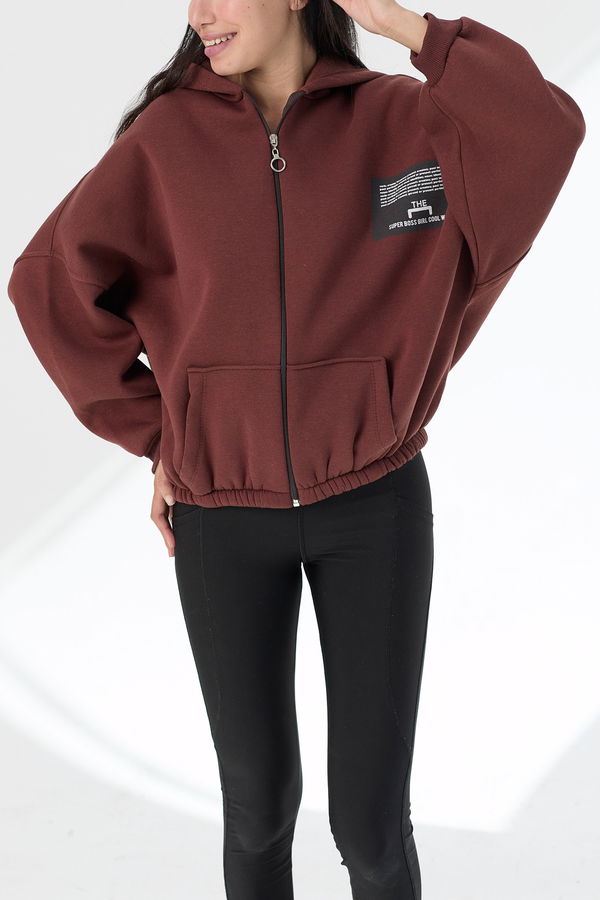 Düz Orta Kadın Kahverengi Kapsonlu Sweat - 21380 KAHVERENGİ
