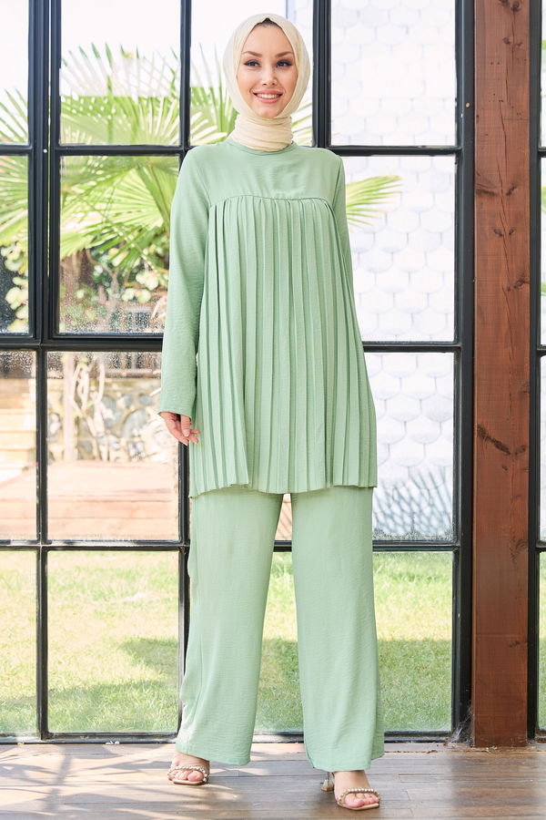 Düz Bisiklet Yaka Kadın Yeşil Tunik Pantolon - 10521