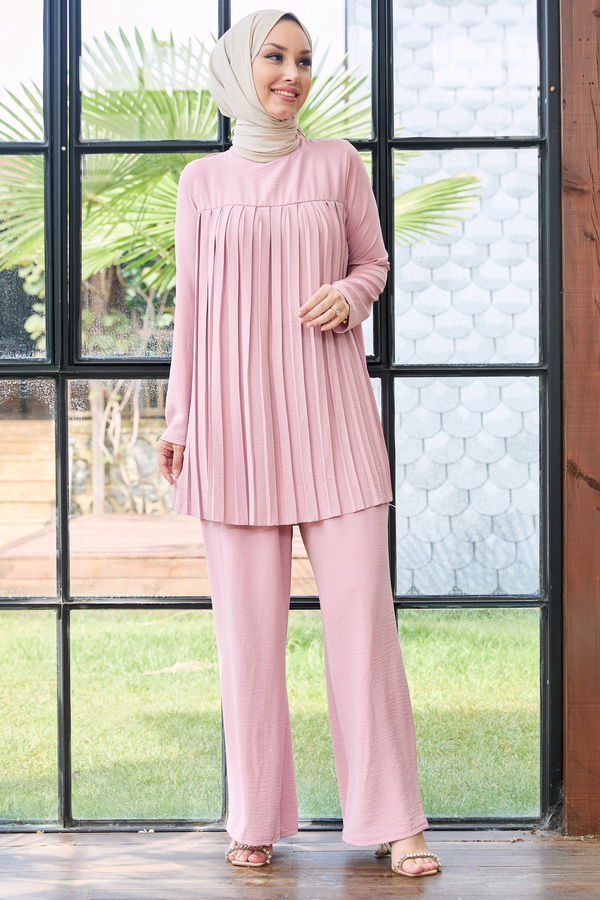 Düz Bisiklet Yaka Kadın Pembe Tunik Pantolon - 10521