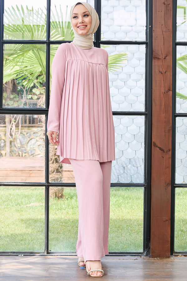 Düz Bisiklet Yaka Kadın Pembe Tunik Pantolon - 10521