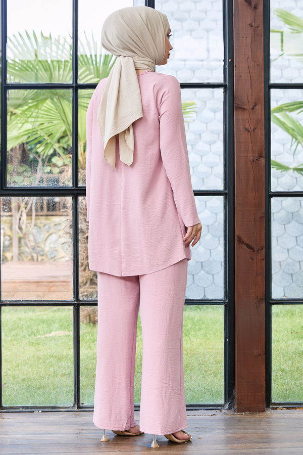 Düz Bisiklet Yaka Kadın Pembe Tunik Pantolon - 10521