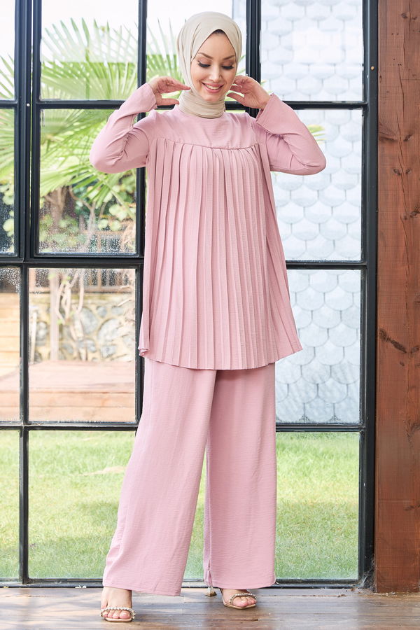 Düz Bisiklet Yaka Kadın Pembe Tunik Pantolon - 10521